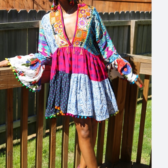 ANANDAS Collection Festive Patchwork  Tunic Multicolor Tassel dress M - Picture 8 of 9